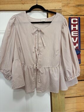 Women’s Pink Striped Tie-Front Peplum Blouse